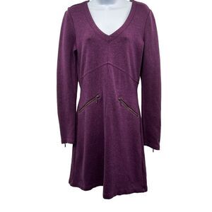 Athleta Ponte Celebration Long Sleeve V Neck Knee Length Dress Moto Purple